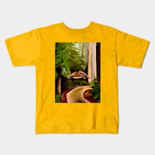 Turtle flying through redwood rainforest Kids T-Shirt